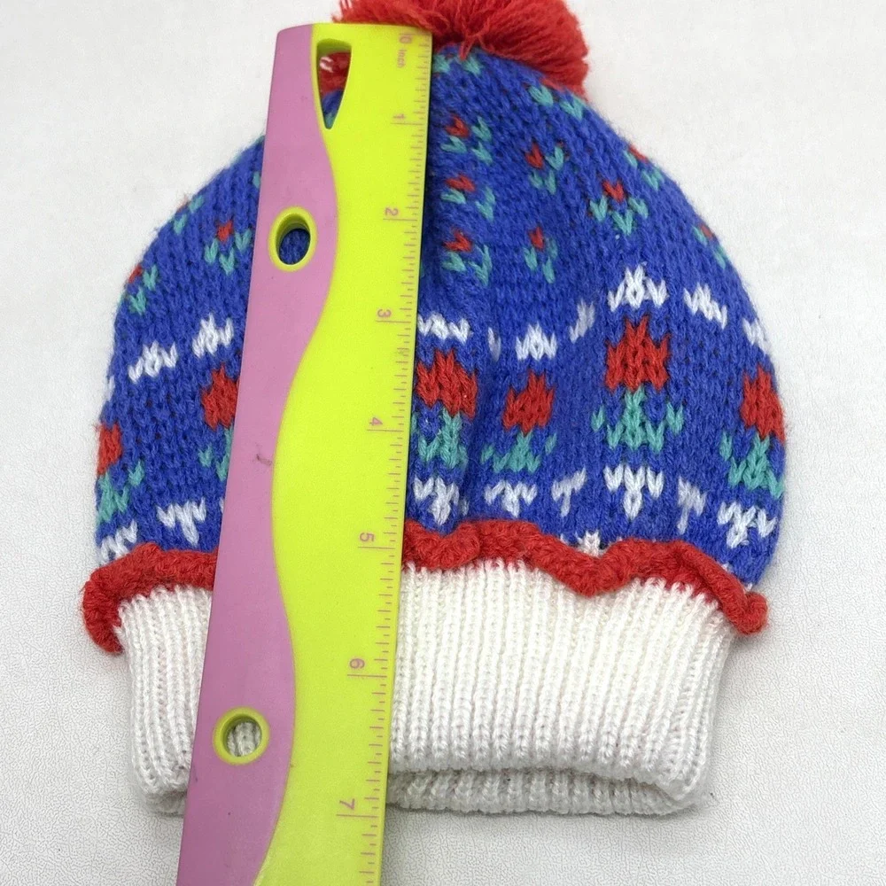 Vintage Toddler Beanie Hat Winter Cap Red Blue Flowers Floral Pom Pom‎ 90s